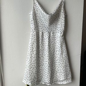 White polka dot satin cowl neck dress